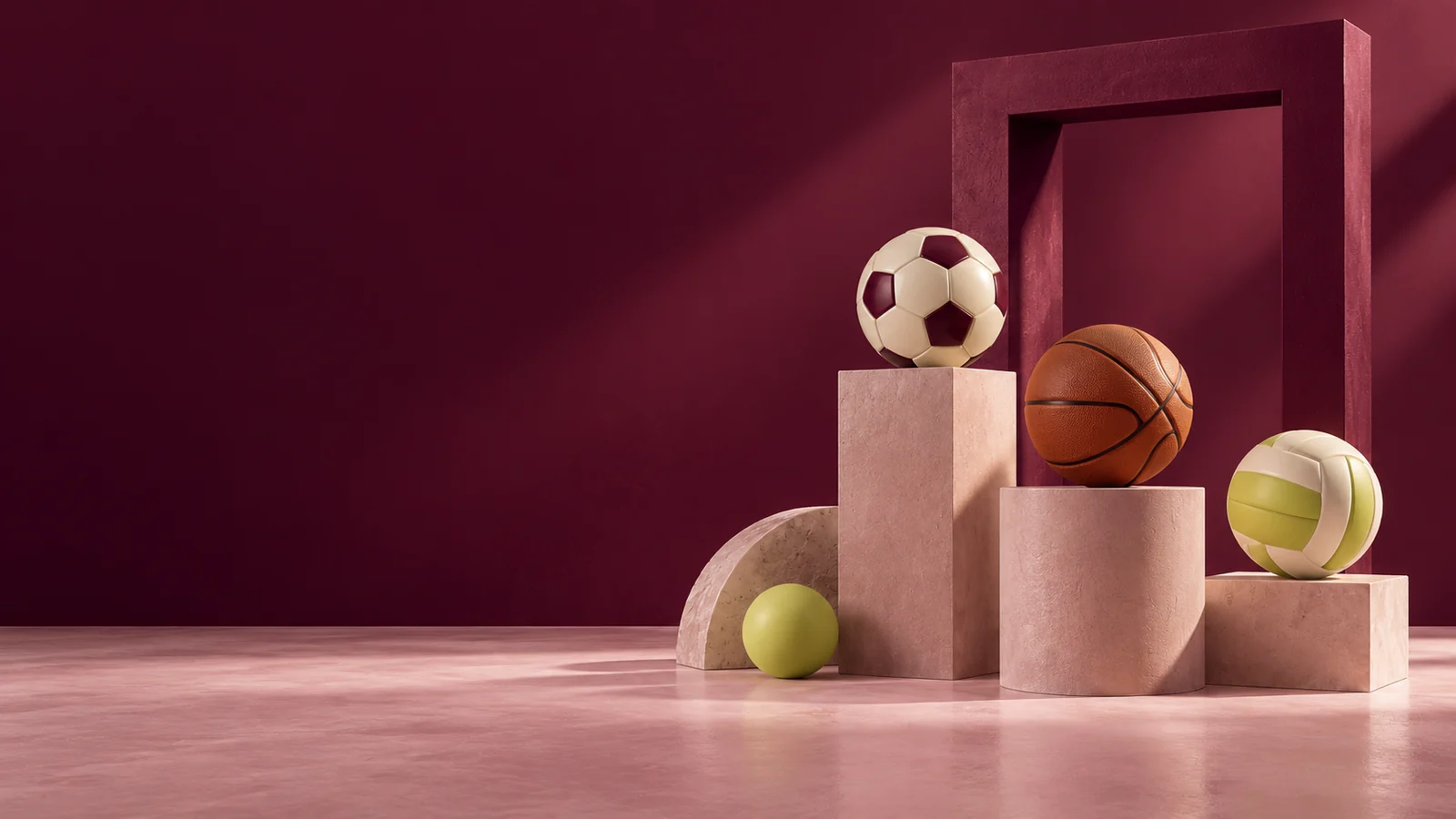Spor toplarının heykelsi kaidelerde sergilendiği vişne ve pembe renkli galeri